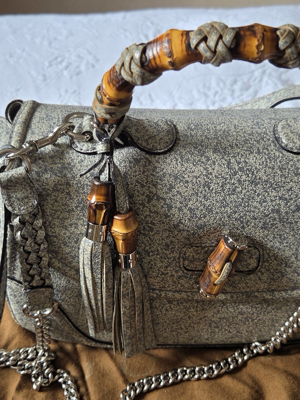 Gucci Gray Textured Satchel Handbag with Amber Bamboo Accents - Picture 6 of 14